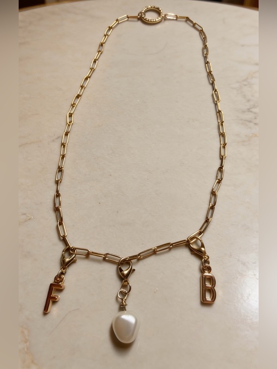 Jewelry - Gold Paperclip Initial Charm Necklace Pearl Custom Letter FB (Football) Layering